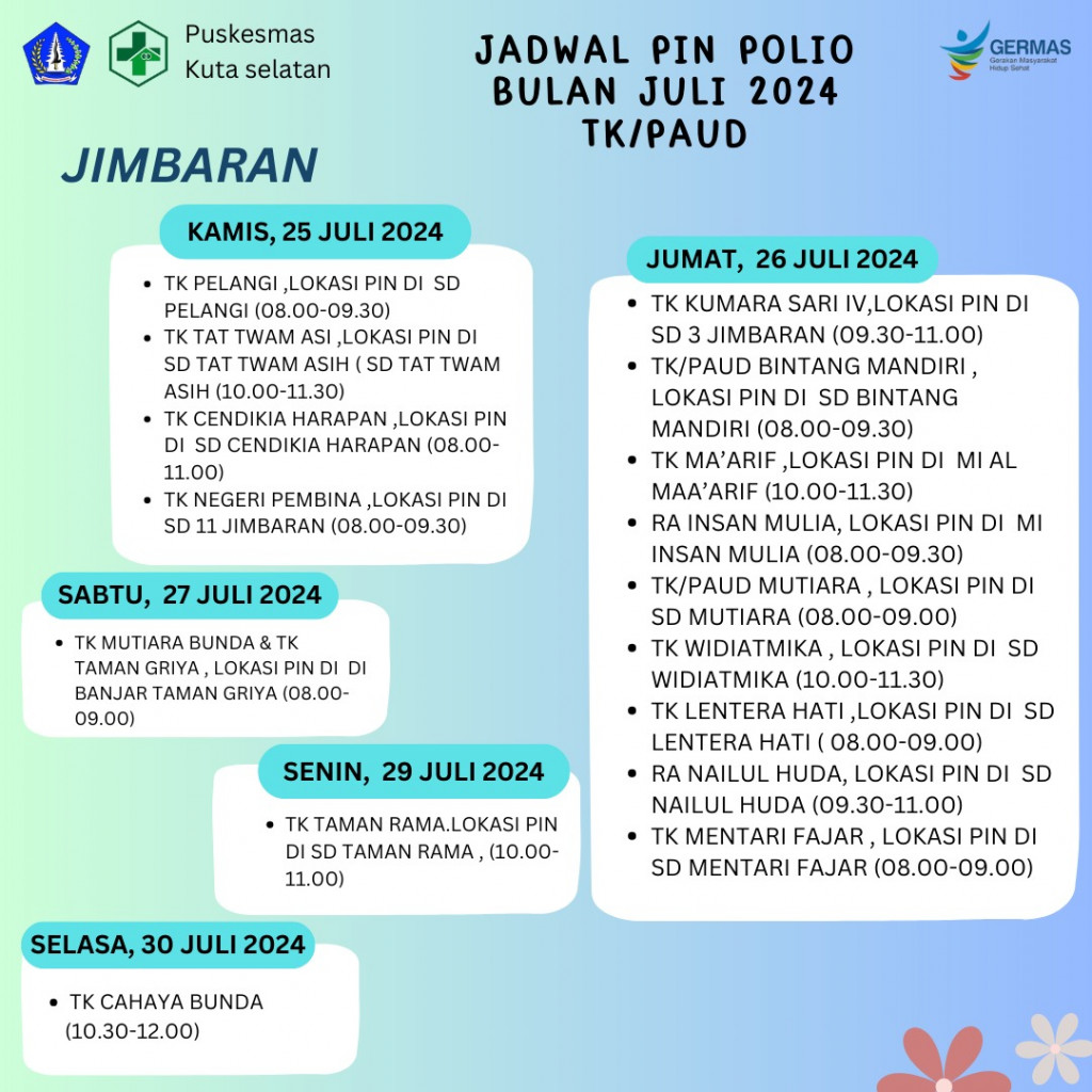 Jadwal Kegiatan Pin Polio Paud Tk Dan Sd Bulan Juli 2024